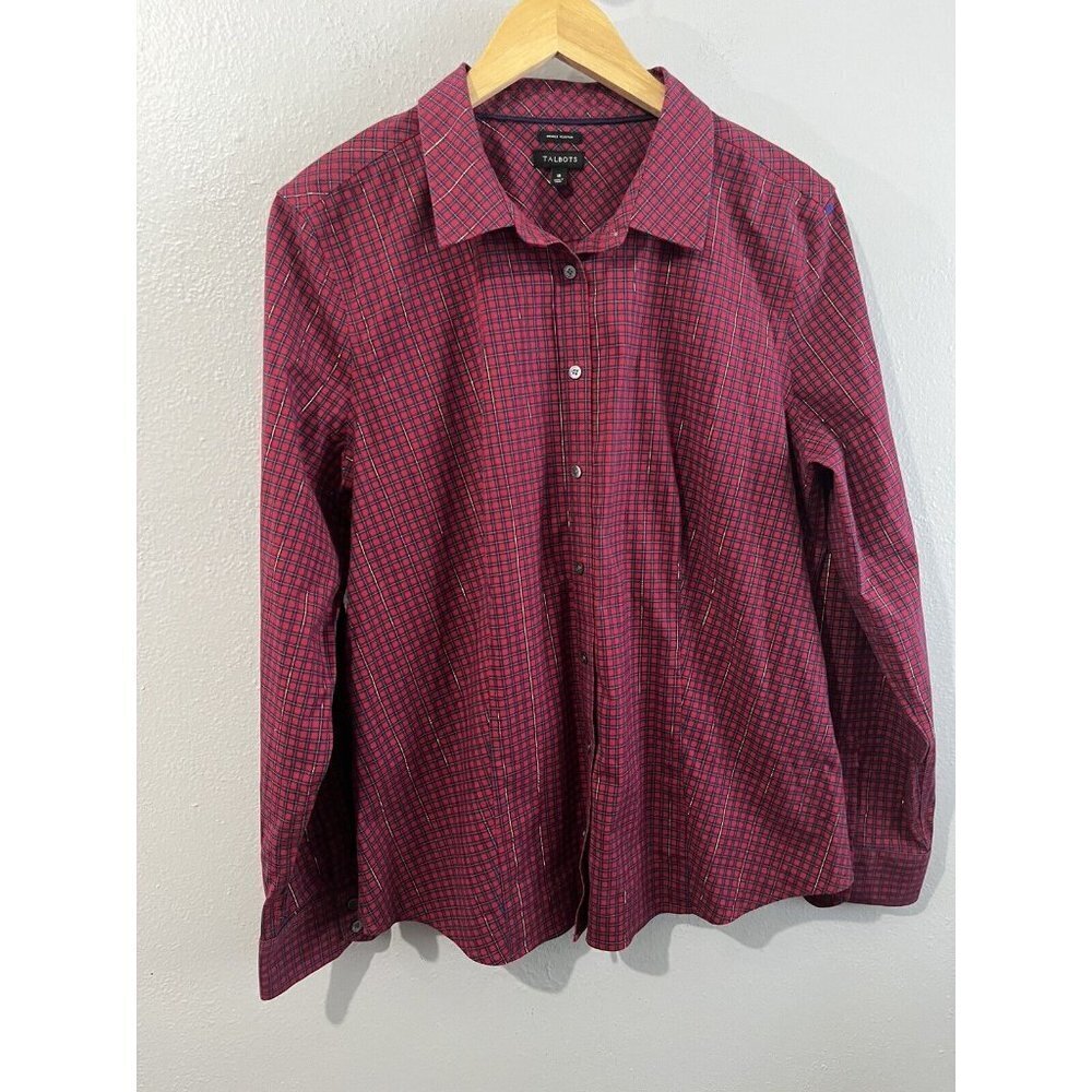 Talbots shirt women 16 plaid red button down metallic thread